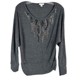 Cache Medium‎ Top Gray Studded Knit Rhinestones Scoop Neck Stretch Women 1338